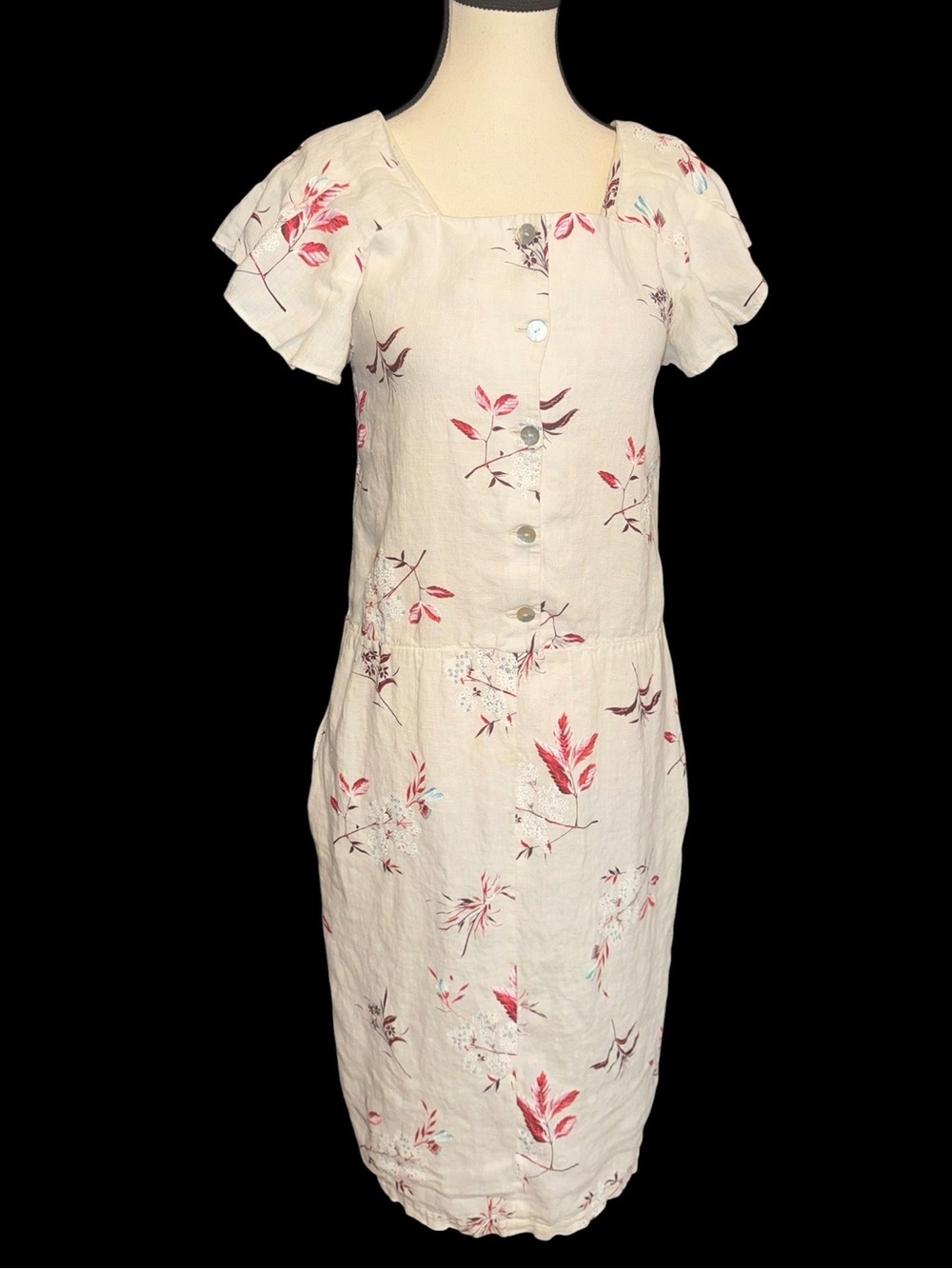 Alicia Lawhon Linen Floral midi Dress M Ivory Botanical Shell Buttons Pockets